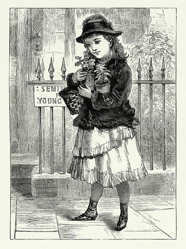 Vintage, Vintage，年轻女孩提着盆栽，美国维多利亚版画，1882年